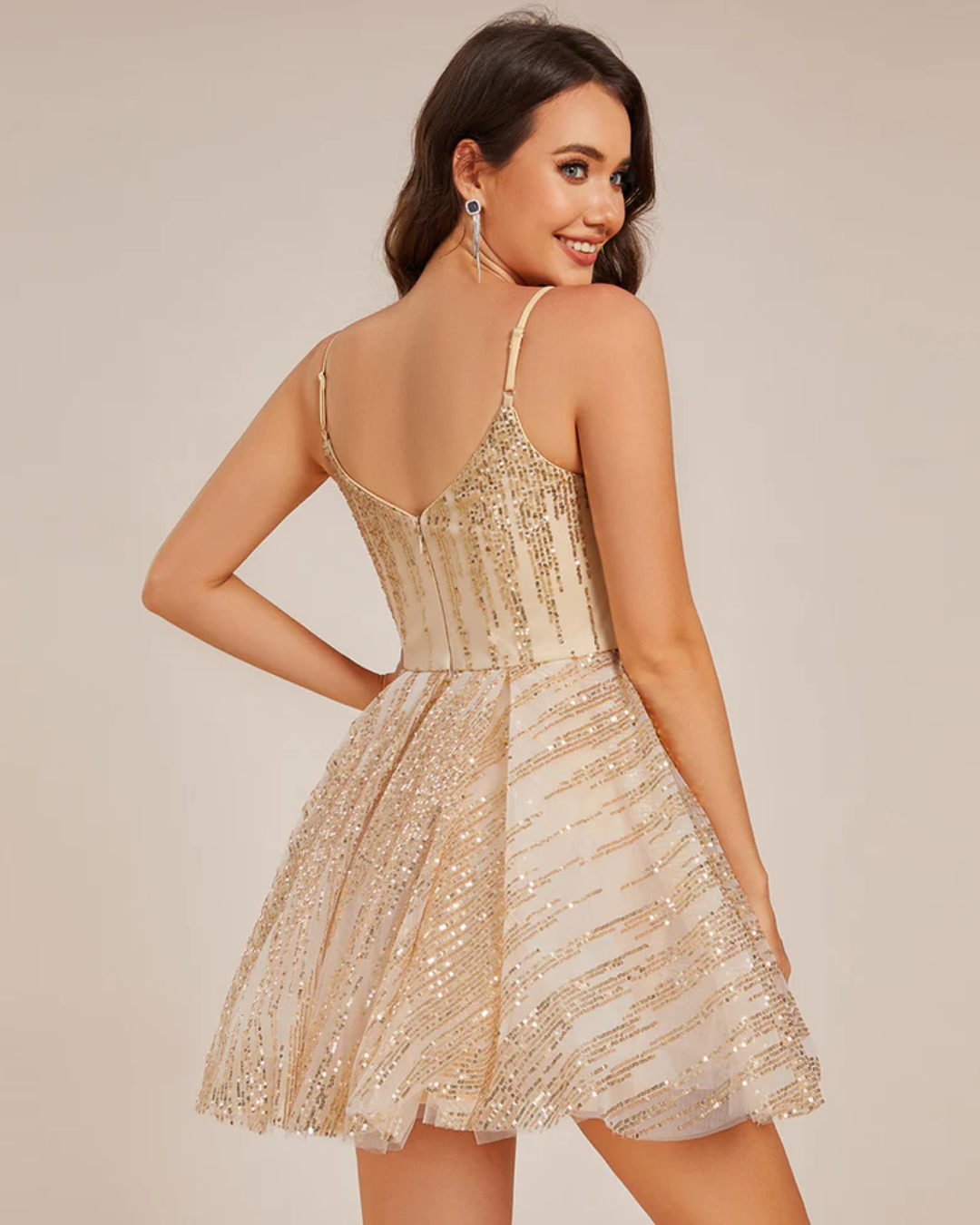 Exquisite See-Through V Neck Spaghetti Straps A-Line Sequin Prom Dresses with Shimmer