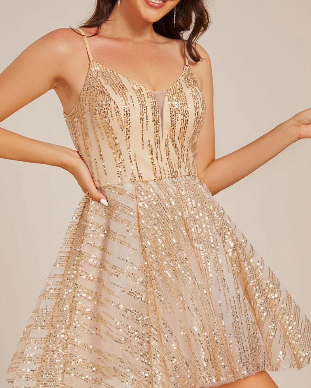 Exquisite See-Through V Neck Spaghetti Straps A-Line Sequin Prom Dresses with Shimmer